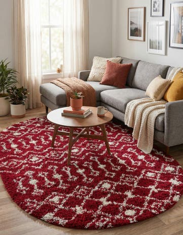Burgundy Red Moroccan Trellis Shag Oval Rug