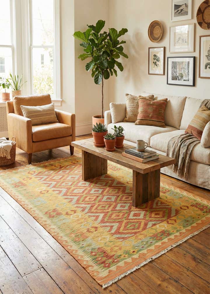 4' x 5' 9 Hand Woven Kilim Waziri Wool Rug