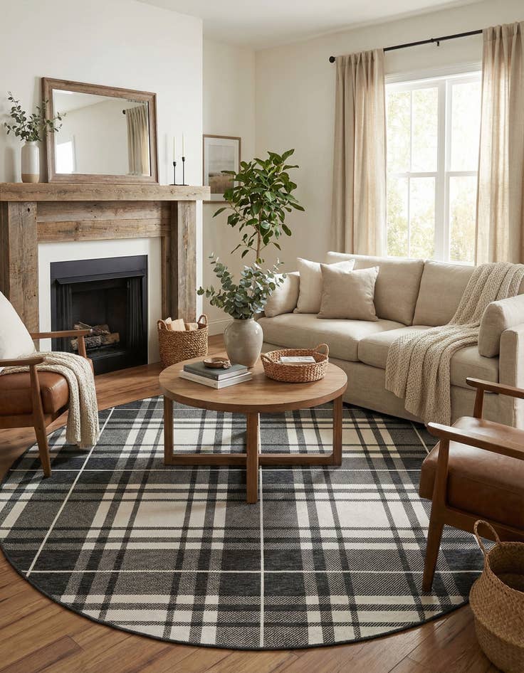 Detail image of  7' 10 x 7' 10  Washable Checkered Indoor / Outdoor Round Rug