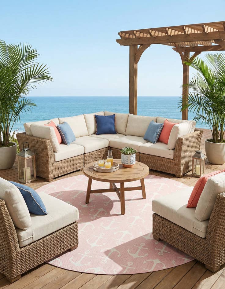 Detail image of 13' x 13'  Washable Coastal Indoor / Outdoor Round Rug