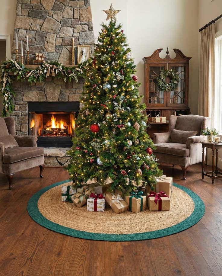 Detail image of 7' 1 x 7' 1 Hand Braided Christmas Tree Skirt
