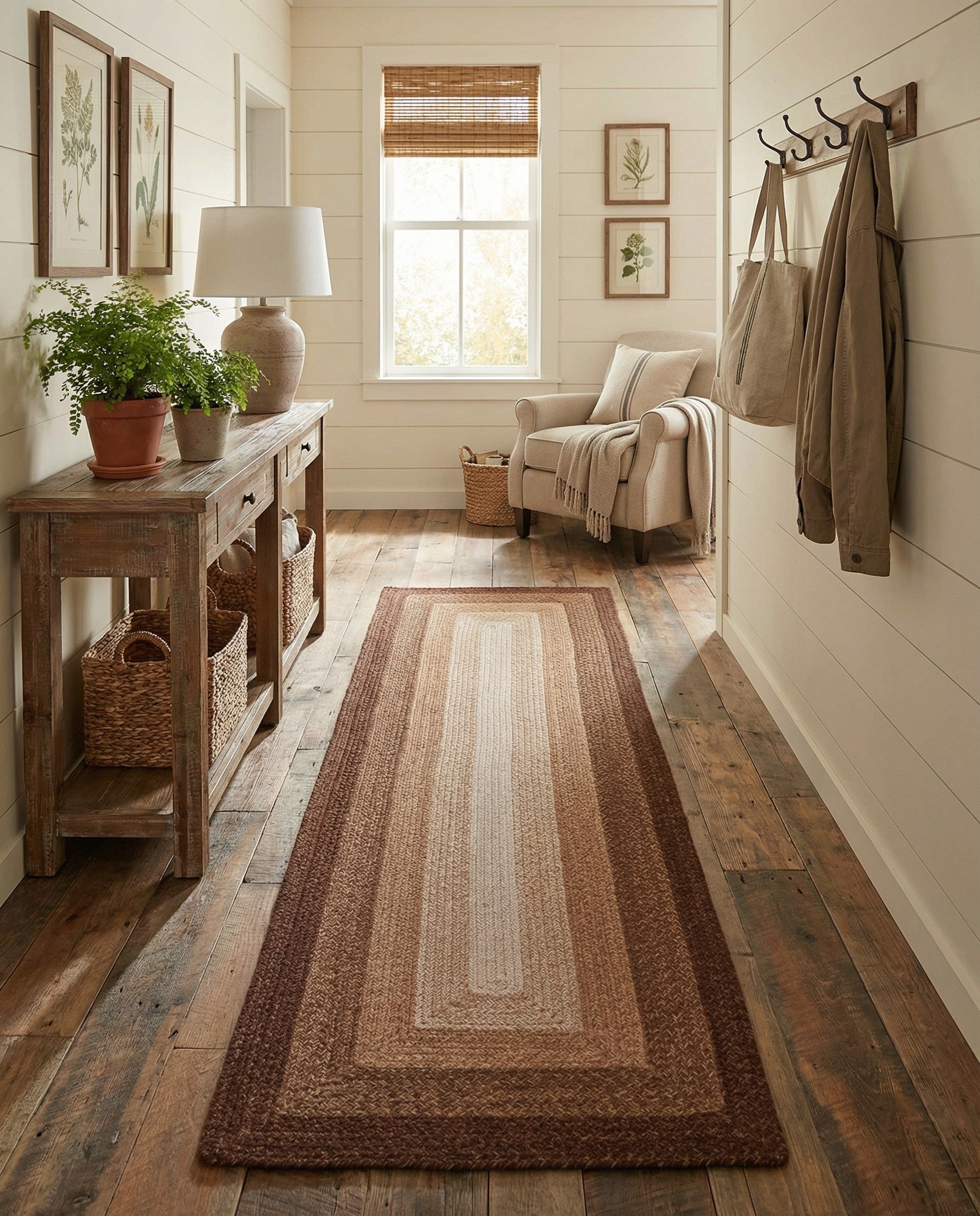 A rectangular 8 ft runner rug with a braided texture, featuring a gradient of brown and tan shades.