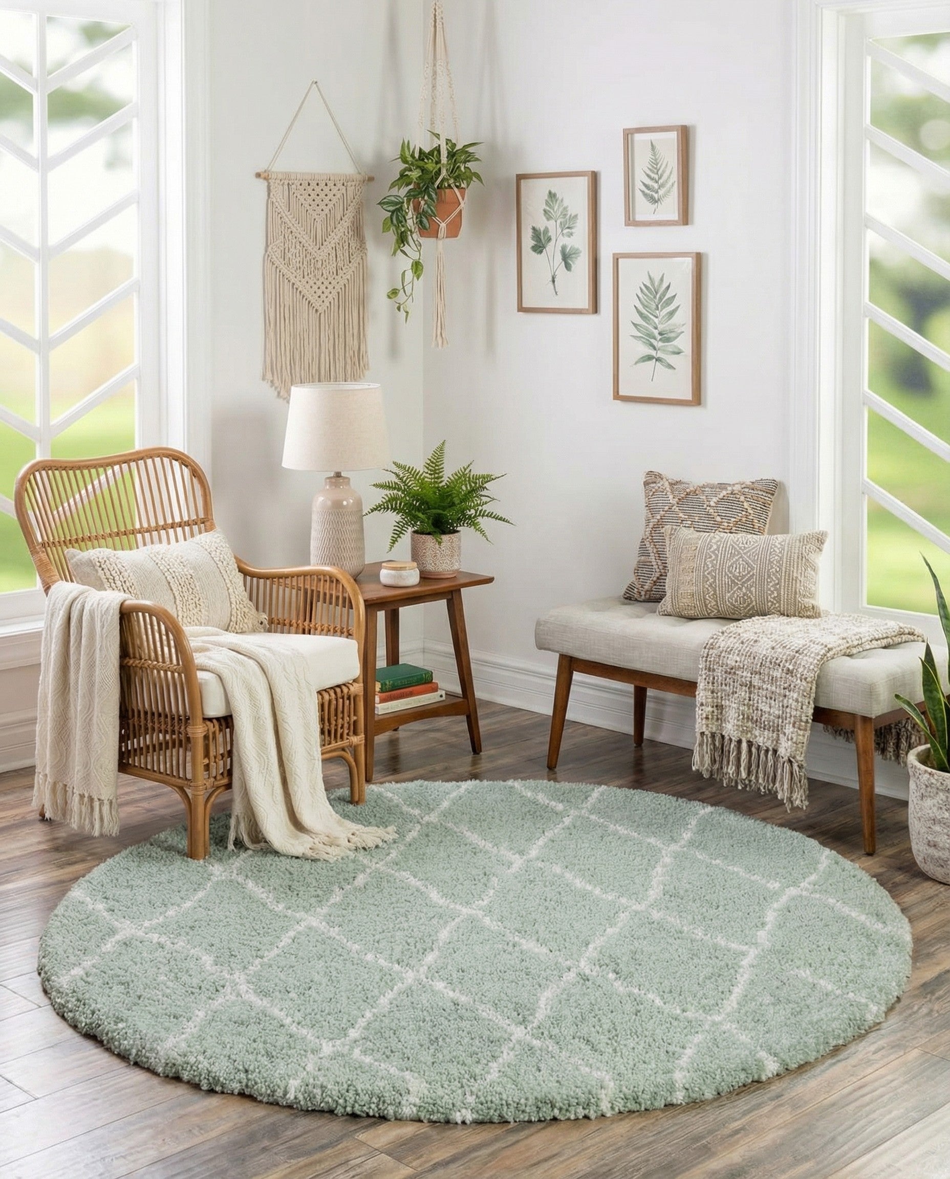 A round 4' 0 x 4' 0 white and cyan shag rug with a subtle trellis pattern, suitable for indoor spaces.