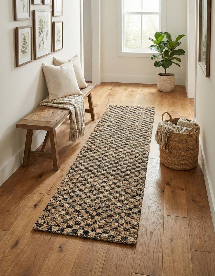 Detail image of 2' x 8' Hand Woven Checkered Jute Wool Runner Rug