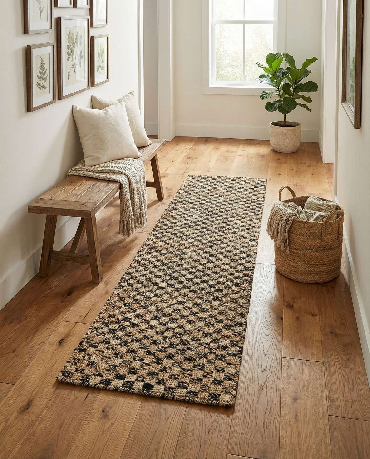 2' x 8' Hand Woven Checkered Jute Wool Runner Rug