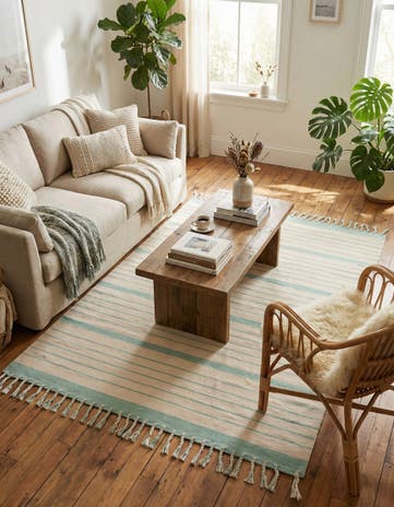 White and Aqua- Hand Woven Chindi Cotton Rug