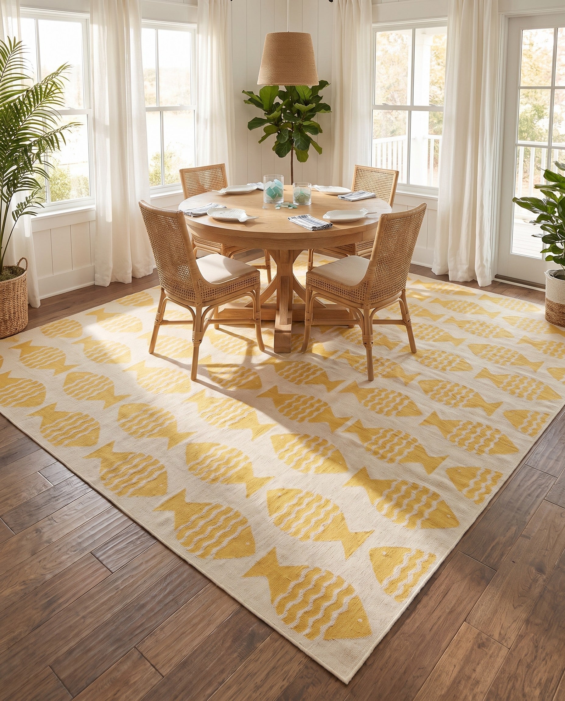 Yellow Easy-Clean Coastal Indoor / Outdoor Square Rug