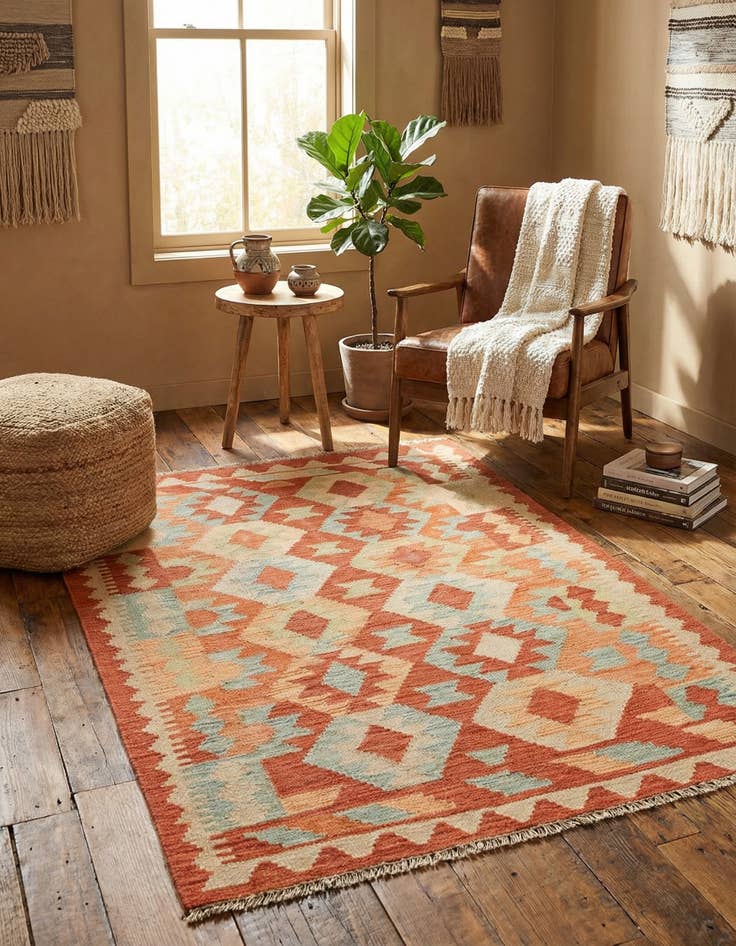 Detail image of  2' 10 x 4'  Hand Woven Kilim Waziri Wool Rug