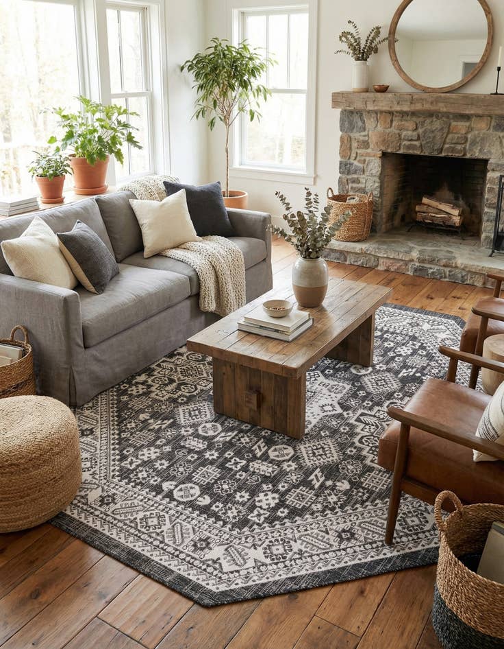 Detail image of 7' 10 x 7' 10  Washable Aztec Indoor / Outdoor Octagon Rug