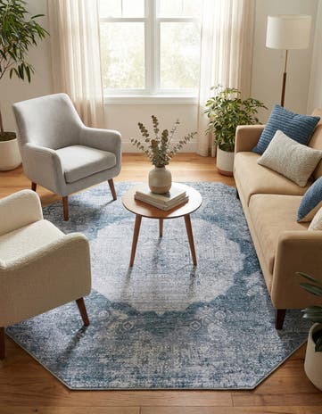 Teal Ivory Washable Yara Octagon Rug