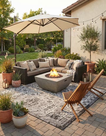 Charcoal Gray Easy-Clean Aztec Indoor / Outdoor Square Rug