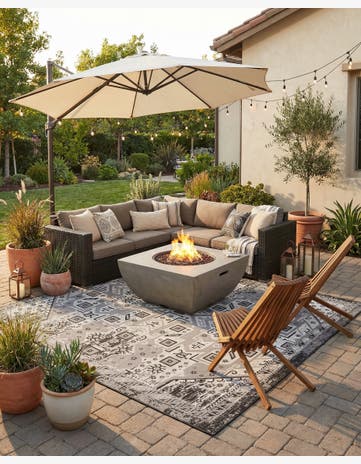 Charcoal Gray Easy-Clean Aztec Indoor / Outdoor Square Rug