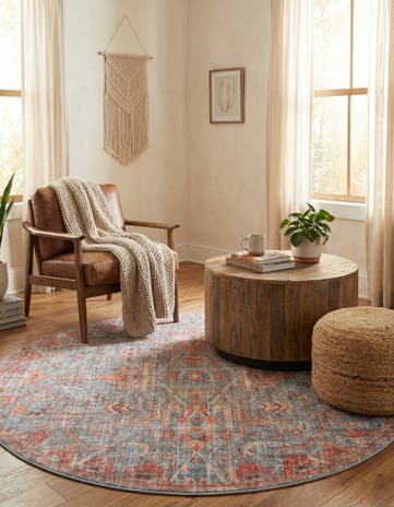 Antique Blue Washable Nostalgia Round Rug
