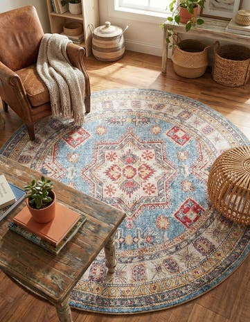 Light Blue Washable Timeless Round Rug