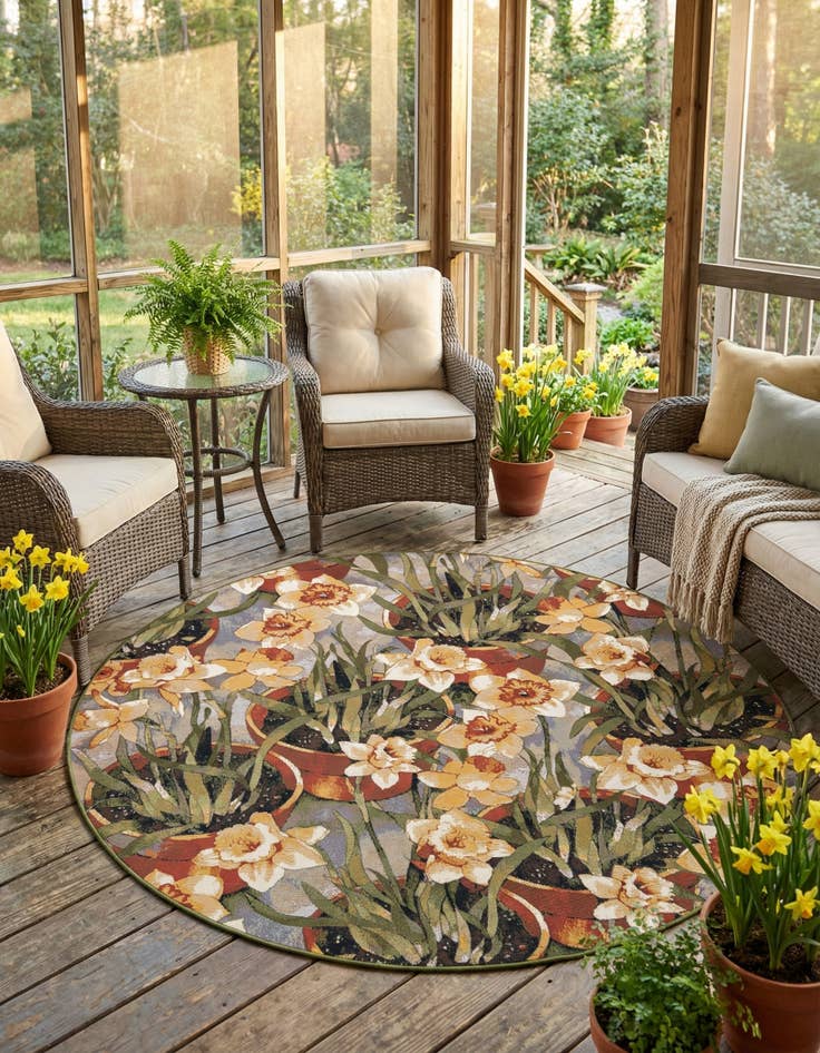 Detail image of 7' 10 x 7' 10 Easy-Clean Botanical Indoor / Outdoor Round Rug