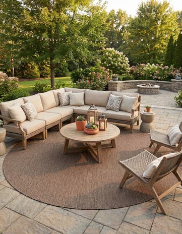 Light Brown Easy-Clean Solid Indoor / Outdoor Round Rug