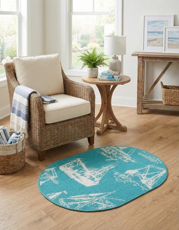 Teal Easy-Clean Coastal Indoor / Outdoor Oval Rug