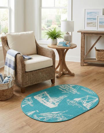 Teal Easy-Clean Coastal Indoor / Outdoor Oval Rug