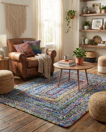  4' 1 x 6' 1  Hand Braided Chindi Rug