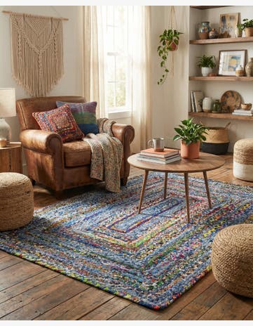 Blue and Multi Handmade Braided Chindi Rug