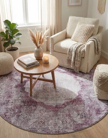 Pink Ivory Washable Yara Round Rug