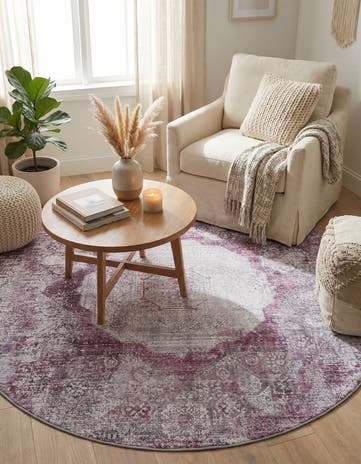 Pink Ivory Washable Yara Round Rug