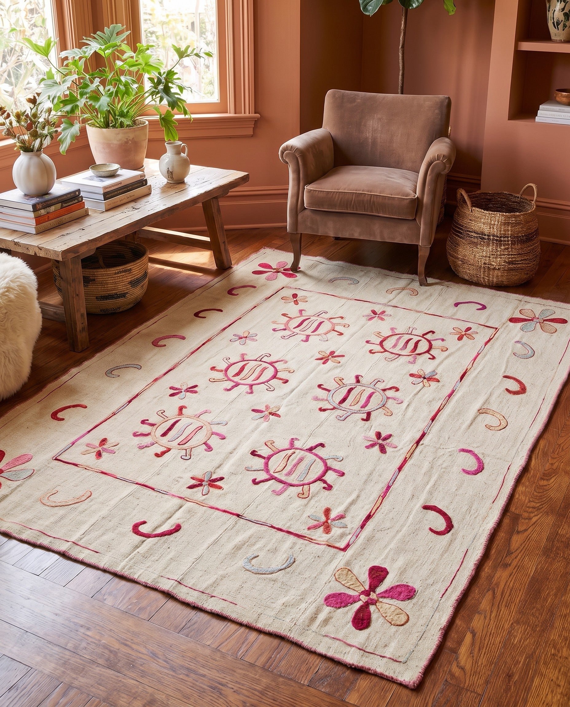 5' 4 x 6' 8 Hand Woven Kilim Suzani Wool Square Rug