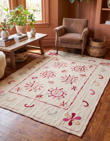 5' 4 x 6' 8 Hand Woven Kilim Suzani Wool Square Rug