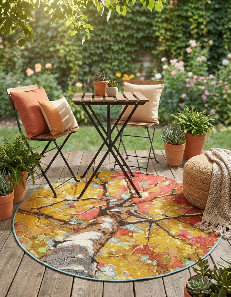Detail image of 3' 3 x 3' 3  Washable Botanical Indoor / Outdoor Round Rug