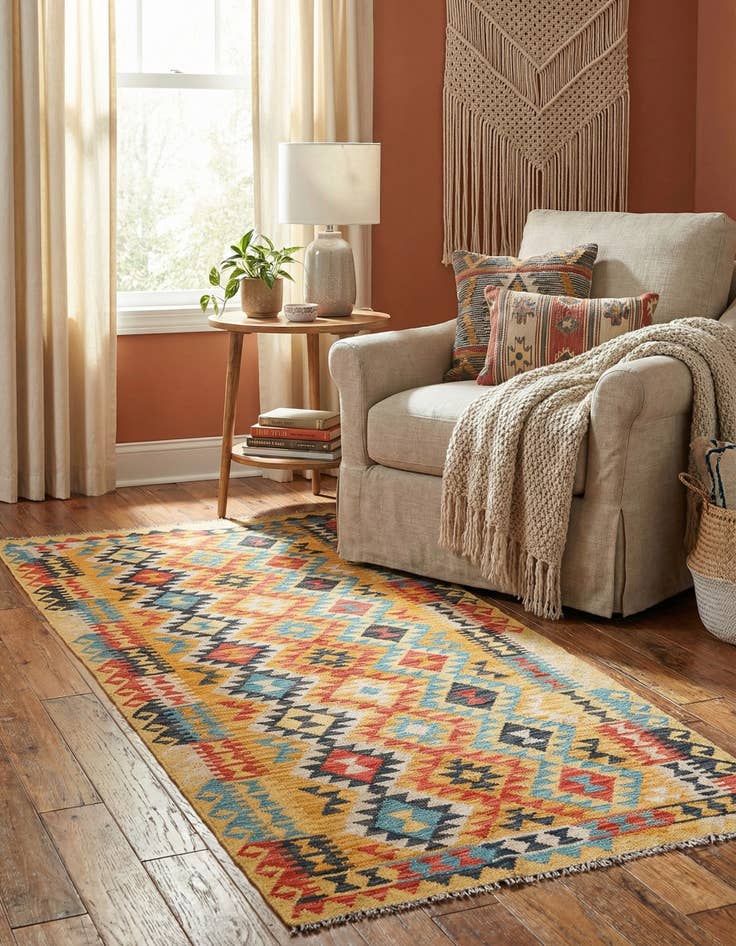 Detail image of 3' 5 x 6' 10  Hand Woven Kilim Maymana Wool Runner Rug