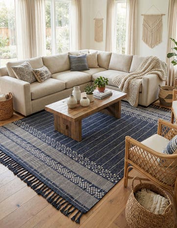 Navy Blue Easy-Clean Eco Bohemian Indoor / Outdoor Rug