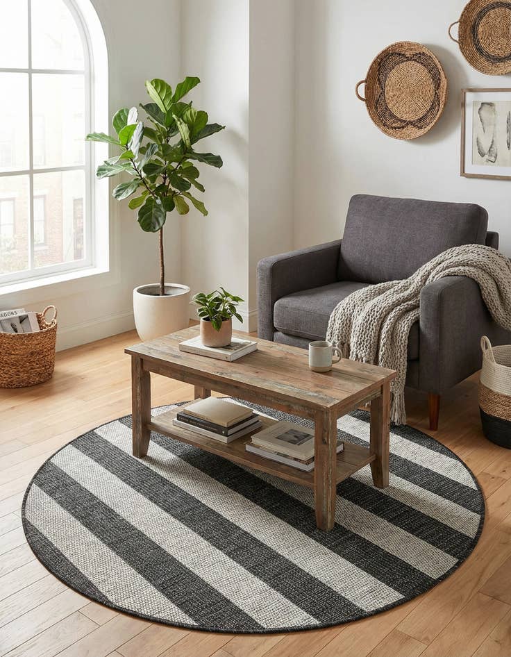 Detail image of 4' x 4'  Washable Striped Indoor / Outdoor Round Rug