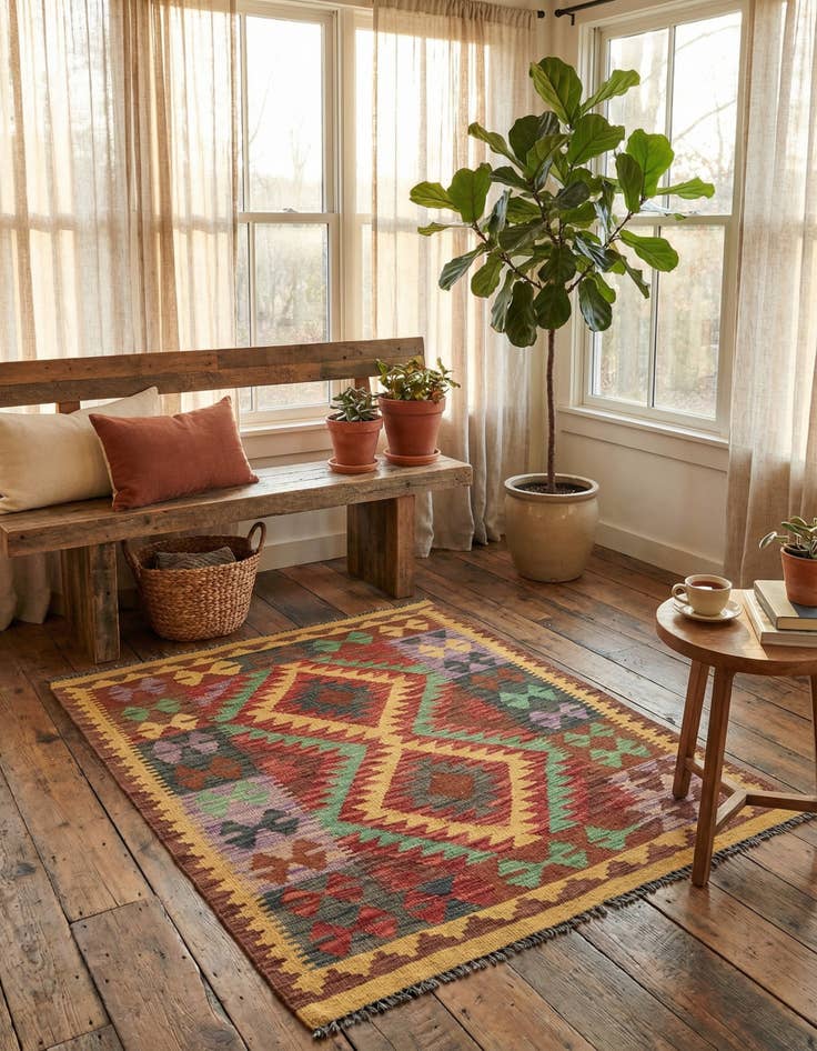 Detail image of 3' x 3' 10  Hand Woven Kilim Maymana Wool Square Rug