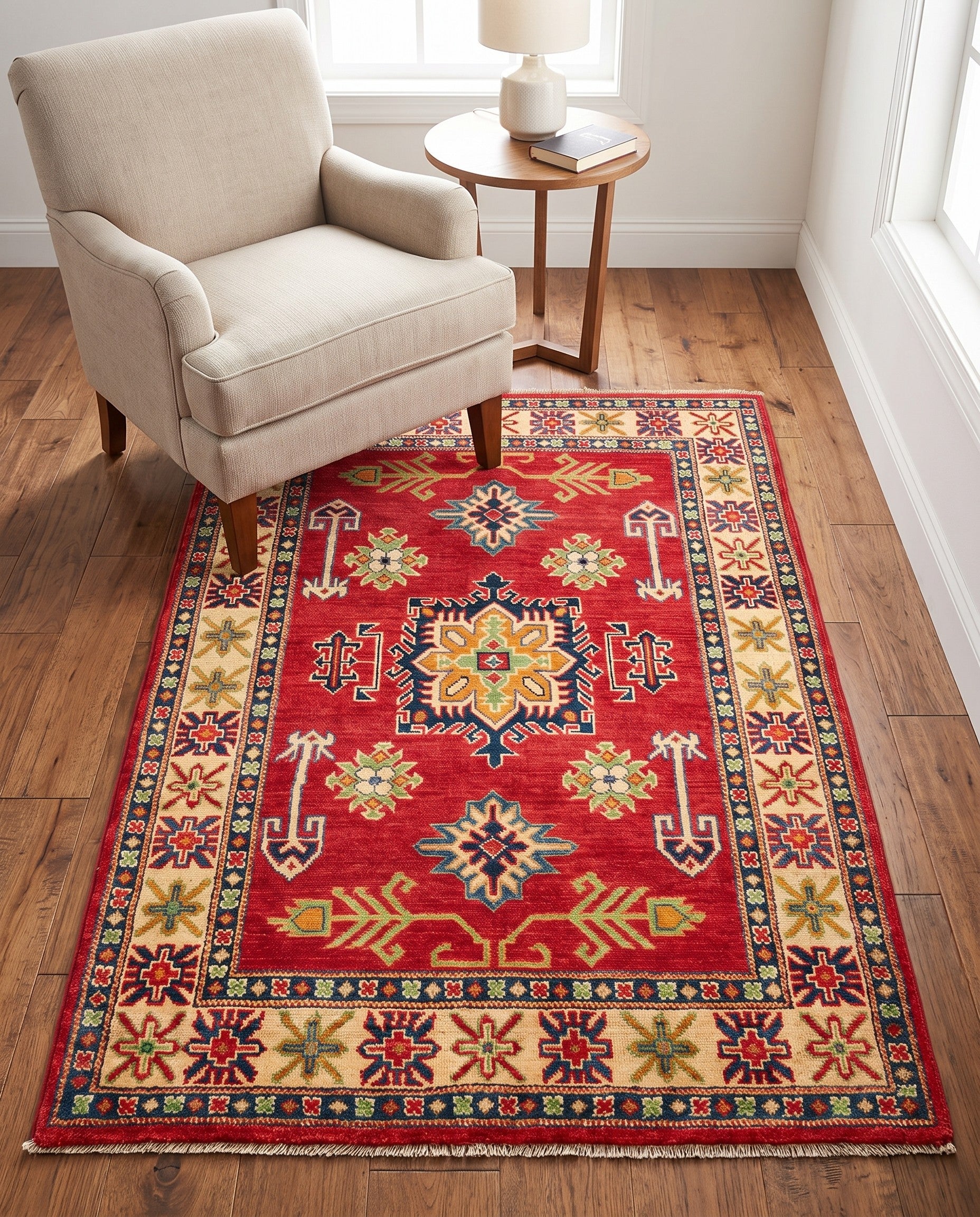 3' 4 x 4' 10 Hand Knotted Kazak Rug