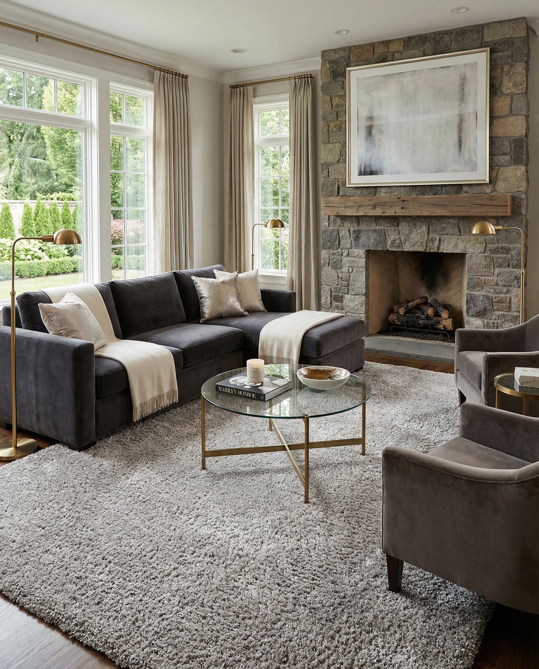 A large 10x14 rectangular gray shag area rug with a plush, textured pile, suitable for a living room or bedroom.