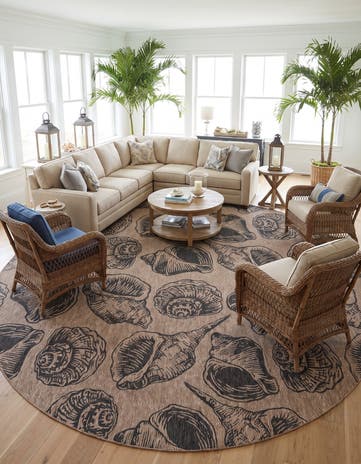 Brown and Black Easy-Clean Coastal Indoor / Outdoor Round Rug