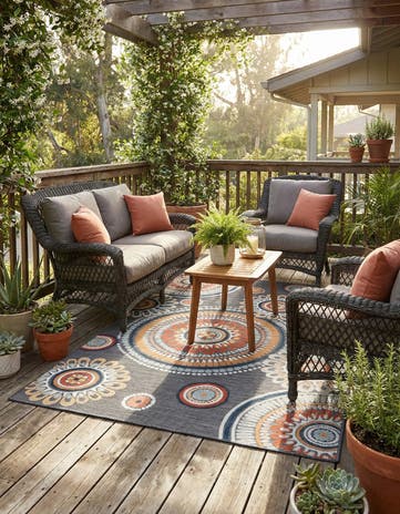 Black Easy-Clean Botanical Indoor / Outdoor Rug