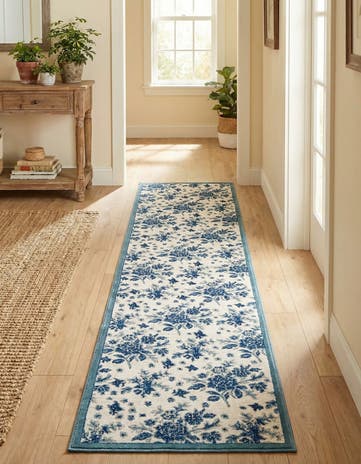 Ivory and Blue Blossom Runner Rug