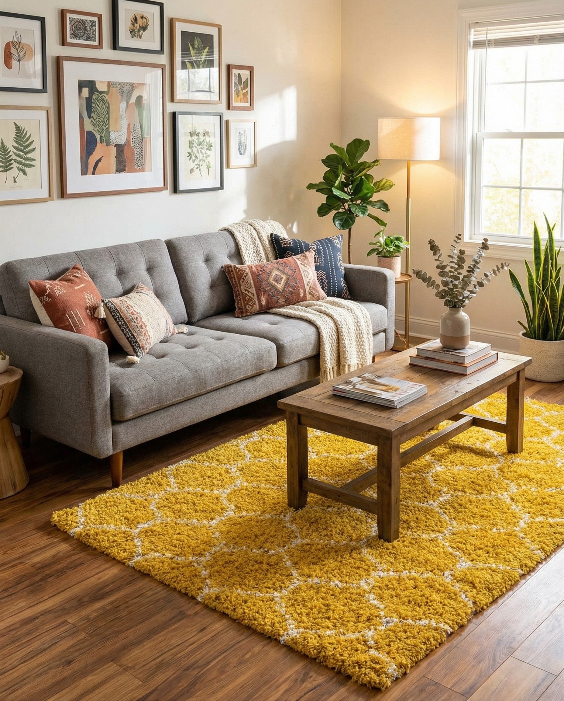 A 5x8 rectangular yellow shag rug with a modern white lattice pattern, showcasing its high-low textured pile.