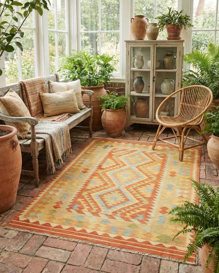 4' 2 x 5' 9 Hand Woven Kilim Waziri Wool Rug