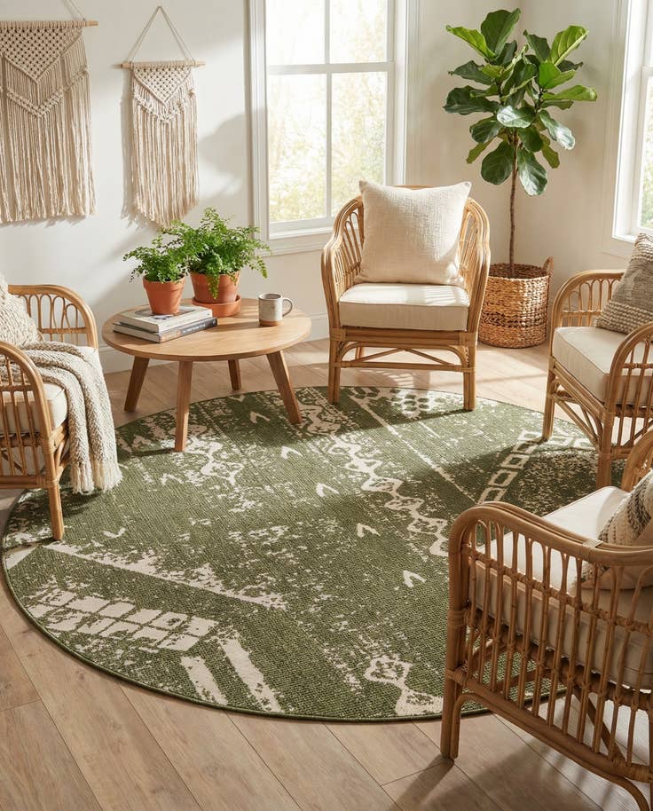 Detail image of 7' 10 x 7' 10 Easy-Clean Bohemian Indoor / Outdoor Round Rug