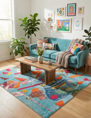 Aqua Washable Vivid Square Rug