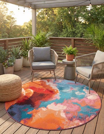 Gray and Pink Easy-Clean Modern Indoor / Outdoor Round Rug