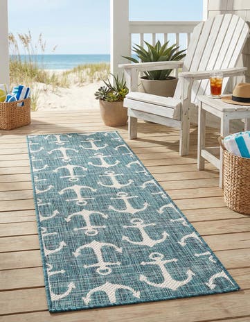 Teal Easy-Clean Coastal Indoor / Outdoor Runner Rug