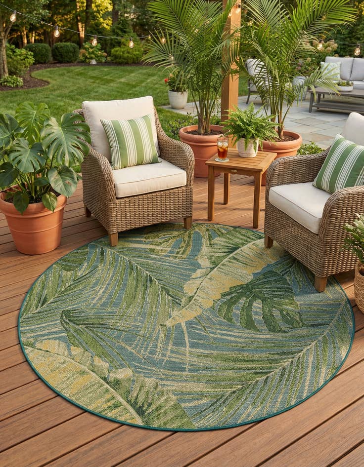 Detail image of 7' 10 x 7' 10  Washable Botanical Indoor / Outdoor Round Rug