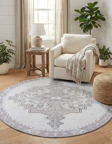 white Gray Washable Timeless Round Rug