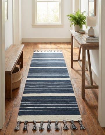Navy and White Hand Woven Chindi Cotton Runner Rug