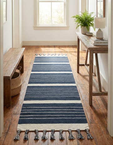 Navy and White Hand Woven Chindi Cotton Runner Rug