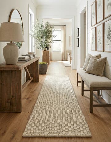 Ivory Hand Woven Felt Ball Wool Runner Rug