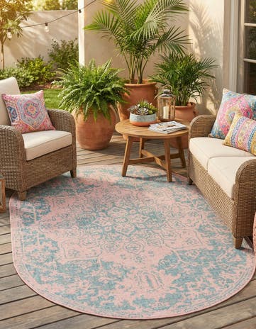 Pink and Aqua Easy-Clean Jill Zarin Dubai Indoor / Outdoor Oval Rug